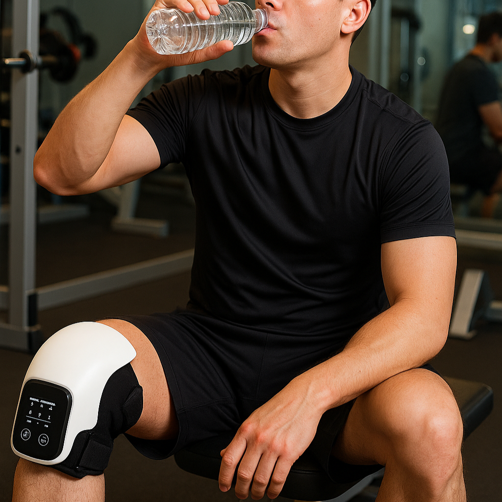 Man in black athletic wear drinking water in a gym setting, with knee ease device on knee